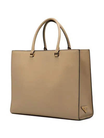 Pre-owned Prada 2013-2025 Large Saffiano Lux Embossed Logo Convertible Tote Satchel In Brown