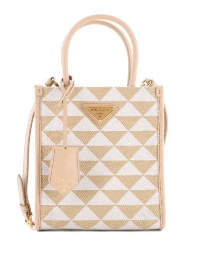 Pre-owned Prada Symbole Shopper Tote Jacquard Mini Crossbody Bag In Neutral