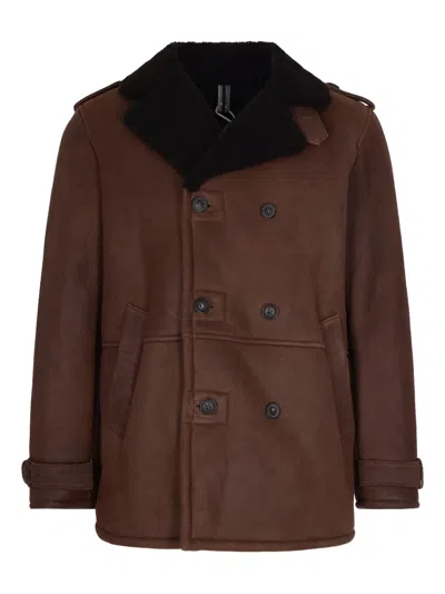 D Four Double-breasted Suede Leather Jacket With Notched Lapel In Brown