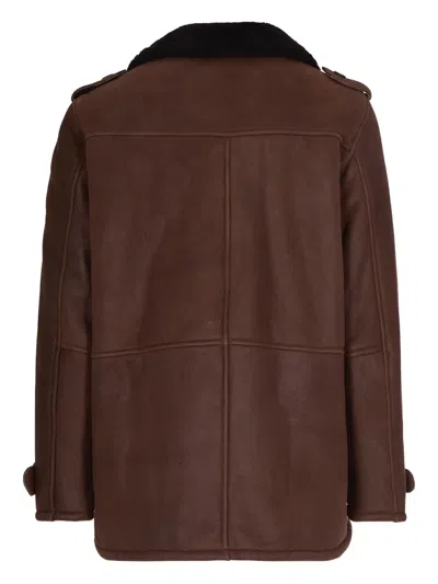 D Four Double-breasted Suede Leather Jacket With Notched Lapel In Brown