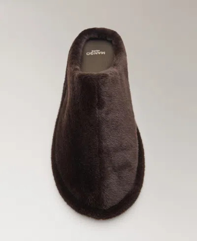 Mango Fur Mule Slippers With Stitching Detail Chocolate In Brown