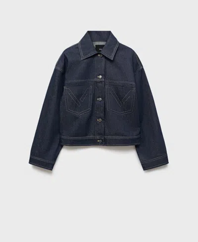 Mango Denim Jacket With Decorative Stitching Open Blue In Blue
