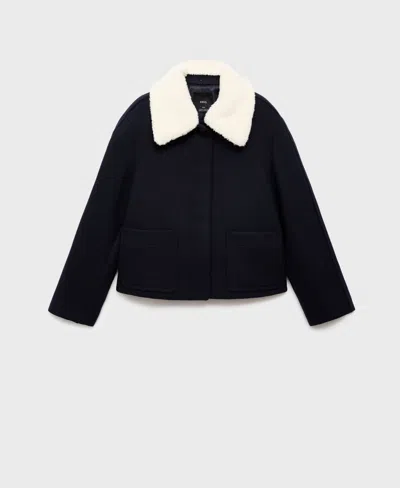 Mango Jacket With Removable Faux Shearling Collar In Blue