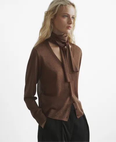 Mango Tie Neck Cardigan In Brown