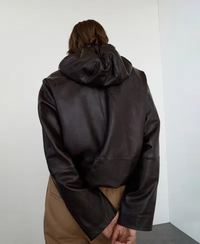 Mango Selection Hooded Leather Zip Jacket In Brown
