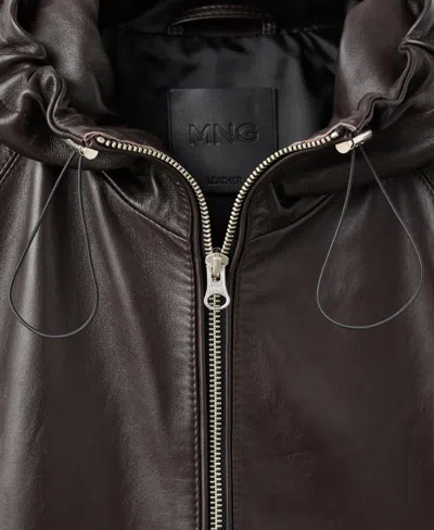 Mango Selection Hooded Leather Zip Jacket In Brown