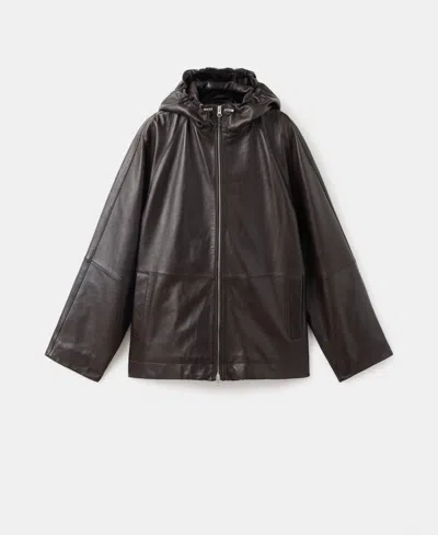 Mango Selection Hooded Leather Zip Jacket In Brown