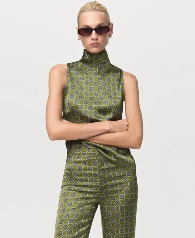 Mango Women's Geometric-print Satin Pants In Green