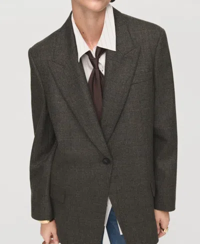 Mango Houndstooth One-button Wool Blend Blazer In Brown