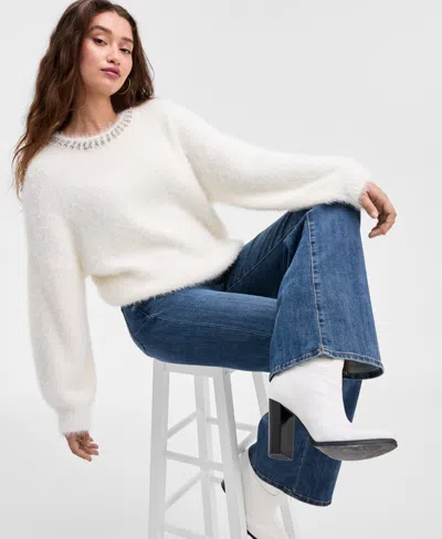 Guess Arisa Rhinestone Accent Crewneck Sweater In White