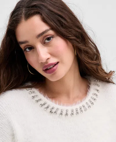 Guess Arisa Rhinestone Accent Crewneck Sweater In White