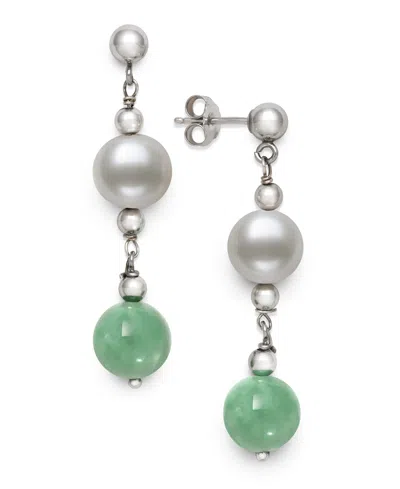 Macy's Freshwater Pearl (7-8mm) And Dyed Green Jadeite (8mm) Drop Earrings In Sterling Silver In Metallic