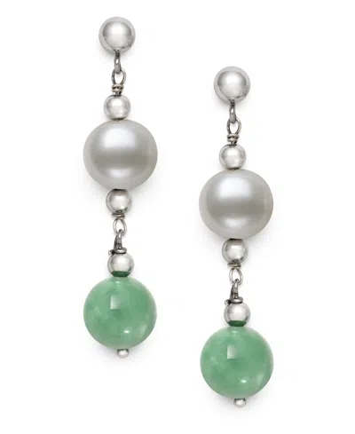 Macy's Freshwater Pearl (7-8mm) And Dyed Green Jadeite (8mm) Drop Earrings In Sterling Silver In Metallic