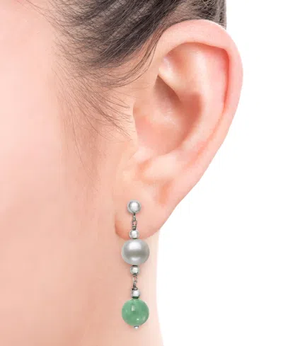 Macy's Freshwater Pearl (7-8mm) And Dyed Green Jadeite (8mm) Drop Earrings In Sterling Silver In Metallic