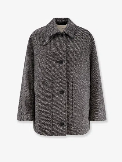 Closed Herringbone-pattern Button Coat In Gray