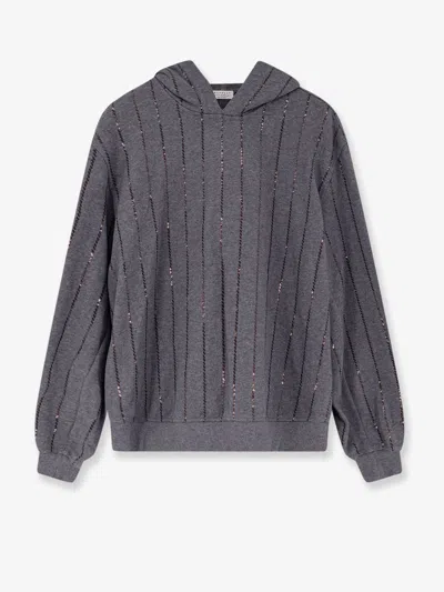 Brunello Cucinelli Dazzling Chalk Stripe Embroidery Cotton Sweatshirt In Gray