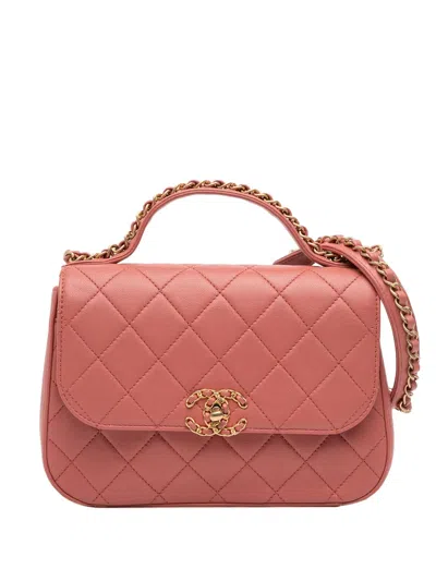 Pre-owned Chanel 2019 Quilted Lambskin Chain Infinity Top Handle Bag Satchel In Pink
