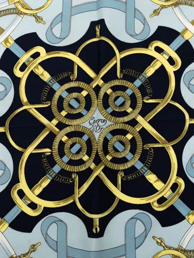 Pre-owned Hermes 1986-1998 Eperon D'or Silk Handkerchief In Blue