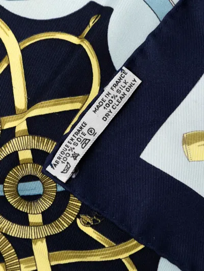 Pre-owned Hermes 1986-1998 Eperon D'or Silk Handkerchief In Blue