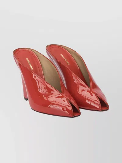 Ferragamo Alicia Patent Leather Peep-toe Wedge Mules In Red