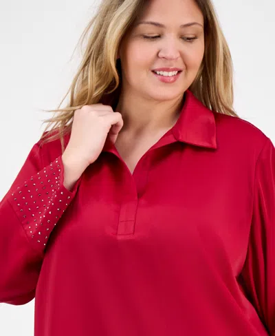 Anne Klein Women's Satin-collar Studded-cuff Top In Red