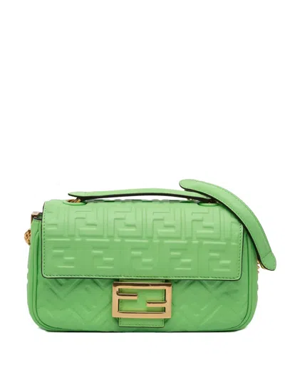 Pre-owned Fendi 2010-2025 Small Ff Nappa Embossed Chain Midi Baguette Shoulder Bag In Green