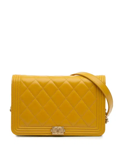 Pre-owned Chanel 2019 Quilted Lambskin Boy Wallet On Chain Crossbody Bag In Yellow