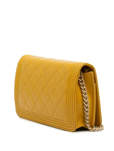 Pre-owned Chanel 2019 Quilted Lambskin Boy Wallet On Chain Crossbody Bag In Yellow