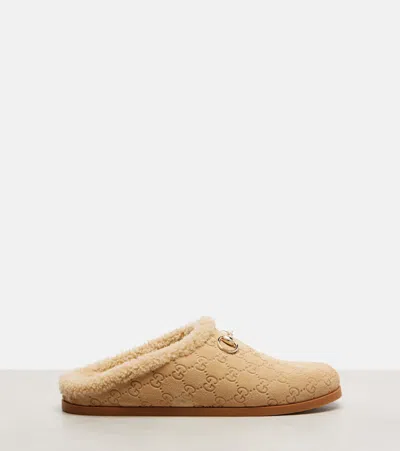 Gucci New Sol Suede Shearling Horsebit Mules In Neutral