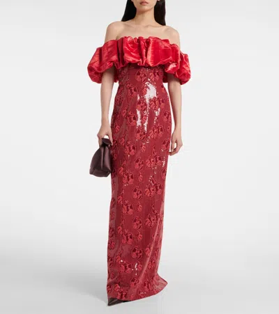 Markarian Rowan Off-the-shoulder Sequined Column Gown In Red