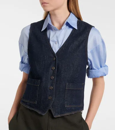 Frame Sleeveless Denim Vest Featuring Front Pockets In Blue