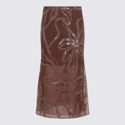 Brunello Cucinelli Floral Midi Skirt Sheer Overlay In Brown