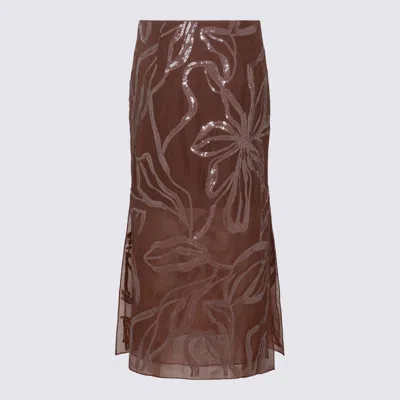 Brunello Cucinelli Floral Midi Skirt Sheer Overlay In Brown