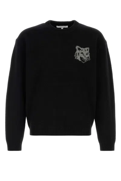 Maison Kitsuné Crew Neck Sweater With Large Fox Embroidery Black In Black