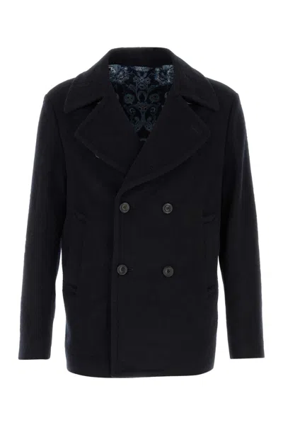 Etro Textured Double-breasted Coat Front Pockets In Black