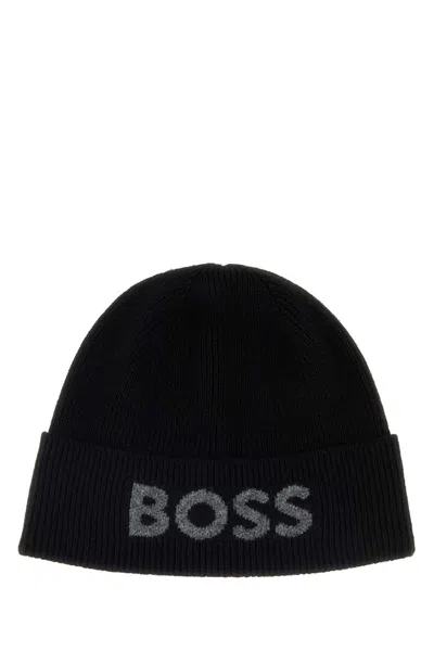 Hugo Boss Black Wool Blend Elios Beanie Hat In Brown