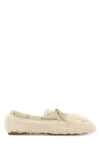 Miu Miu White Shearling Loafers In Nude