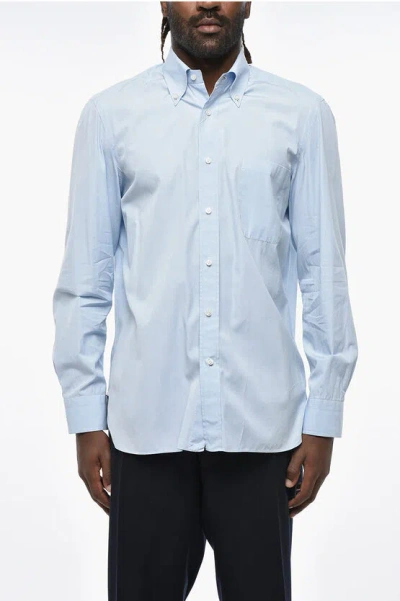 Borrelli Cotton Poplin Shirt With Button-down Collar And Breast Pocke In Blue
