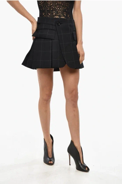 Sacai Windowpane Patterned Wool Blend Pleated Miniskirt In Black
