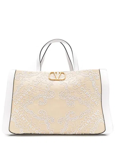 Valentino Vlogo Embroidered Raffia Tote In White