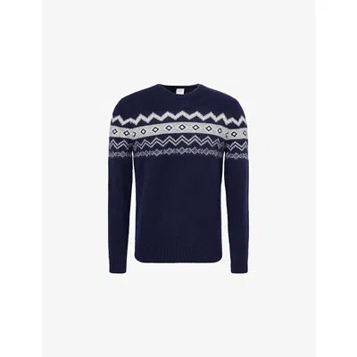 Eleventy Mens Blu Grigio E Bianco Fairisle Crewneck Silk-cashmere Blend Jumper In Blue