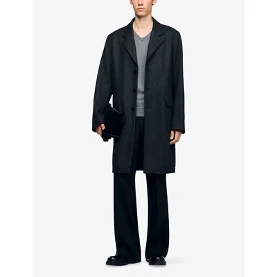 Sandro Mens Dark Grey Broadcloth Lapel-collar Wool Coat Xl In Black