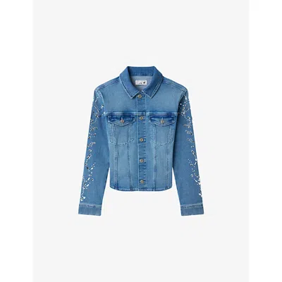 Good American Womens Dolly's Joleans Crystal-embellished Stretch-denim Jacket Indigo1089 In Blue