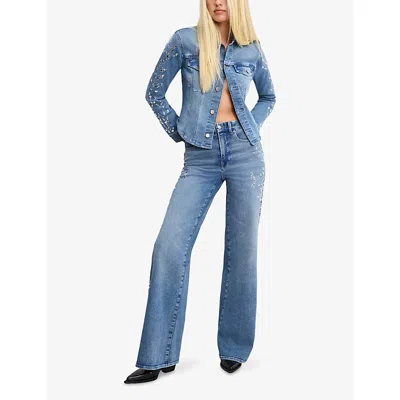 Good American Womens Dolly's Joleans Crystal-embellished Stretch-denim Jacket Indigo1089 In Blue