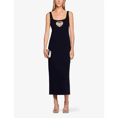 Sandro Womens Black Sleeveless Rhinestone-heart Stretch-woven Maxi Dress