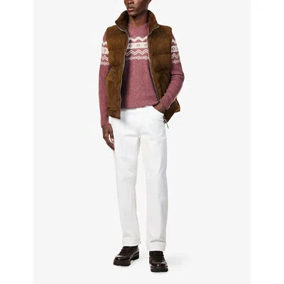 Eleventy Mens Rasperry Beige White Patterned Crew-neck Silk-cashmere Blend Jumper In Burgundy