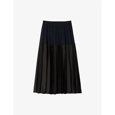 Sandro Womens Navy Blue Pleated High-rise Woven Midi Skirt