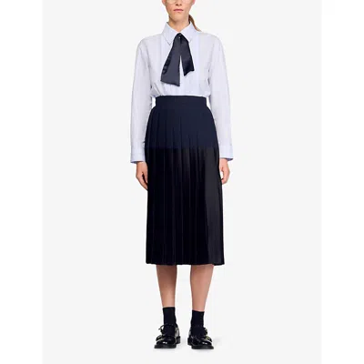 Sandro Womens Navy Blue Pleated High-rise Woven Midi Skirt