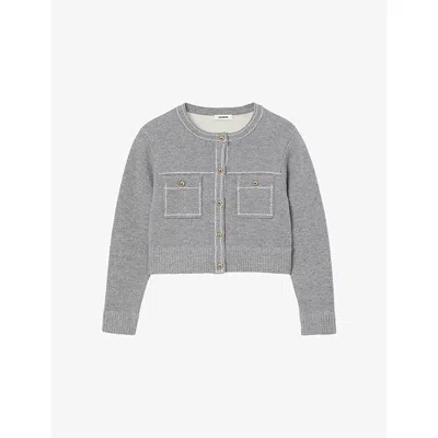 Sandro Womens Grey Contrast-stitch Wool-blend Cardigan In Gray