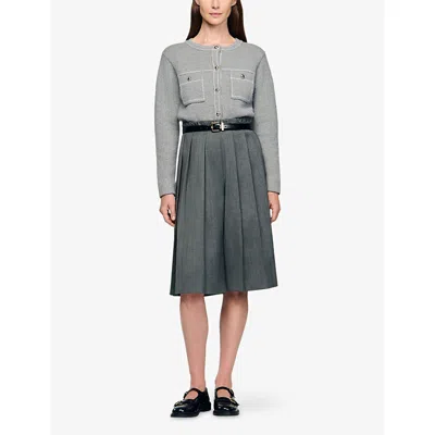Sandro Womens Grey Contrast-stitch Wool-blend Cardigan In Gray
